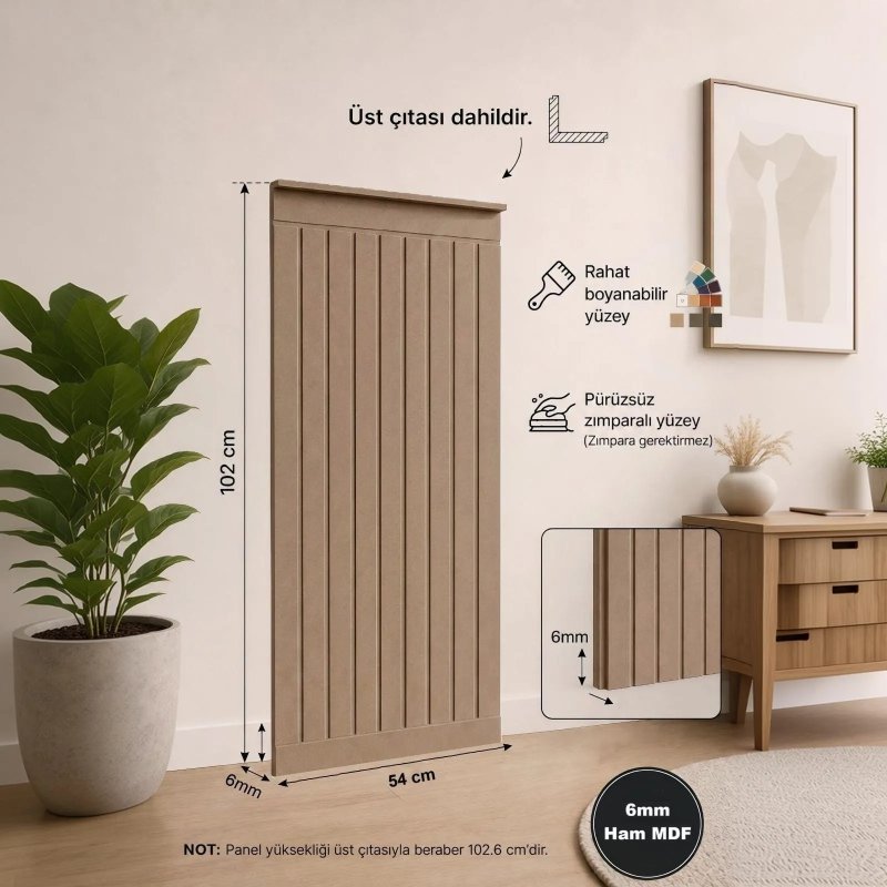 Çizgili Lambiri Görünümlü Boyanabilir Duvar Paneli 6mm Ham MDF (54x102 cm)