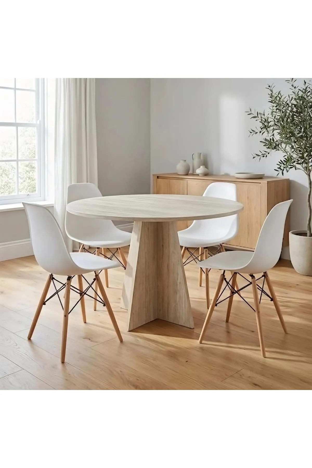 Modern Yuvarlak 100cm Yemek Masası-mutfak Masası Traverten (SANDALYELER TEMSİLİDİR)