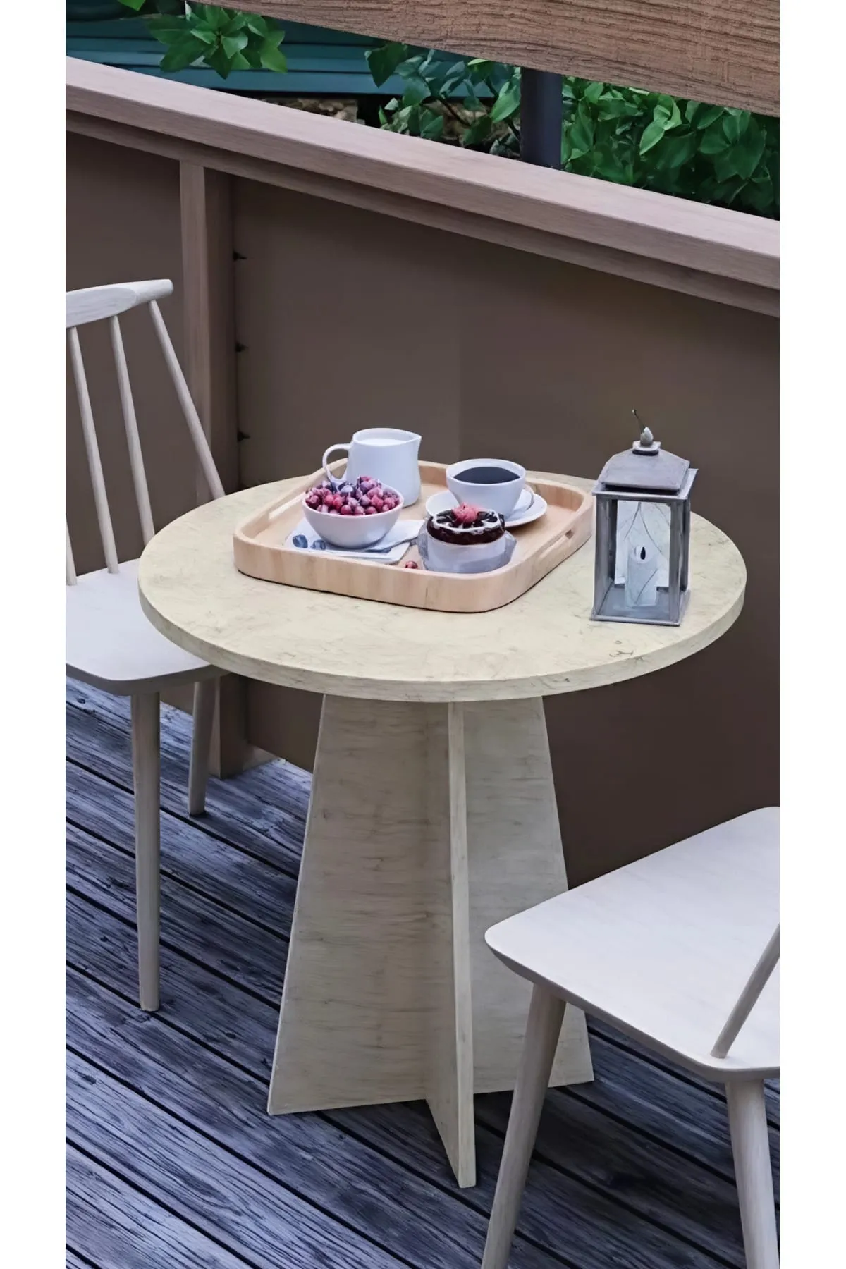 Modern 60cm Yuvarlak Yemek Masası-Balkon Masası-Mutfak Masası Traverten (SANDALYELER TEMSİLİDİR)