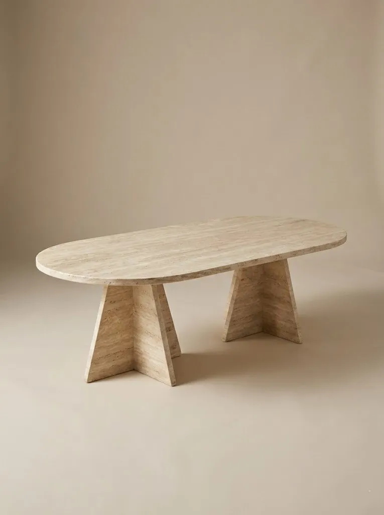Modern Oval Salon Sehpası - Traverten Görünüm